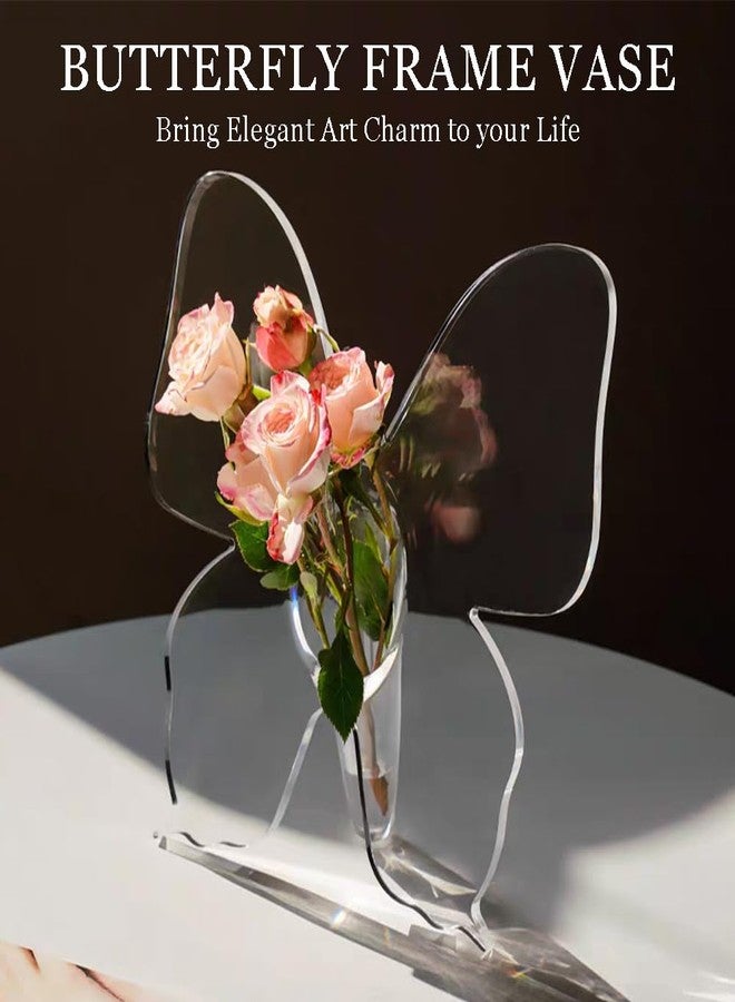Ouliget Clear Acrylic Butterfly Frame Vase,Creative Butterfly Vase for Flowers,Art Home Deco for Desktops Bookshelf Bedroom Wedding Housewarming Women Gift - Image 2
